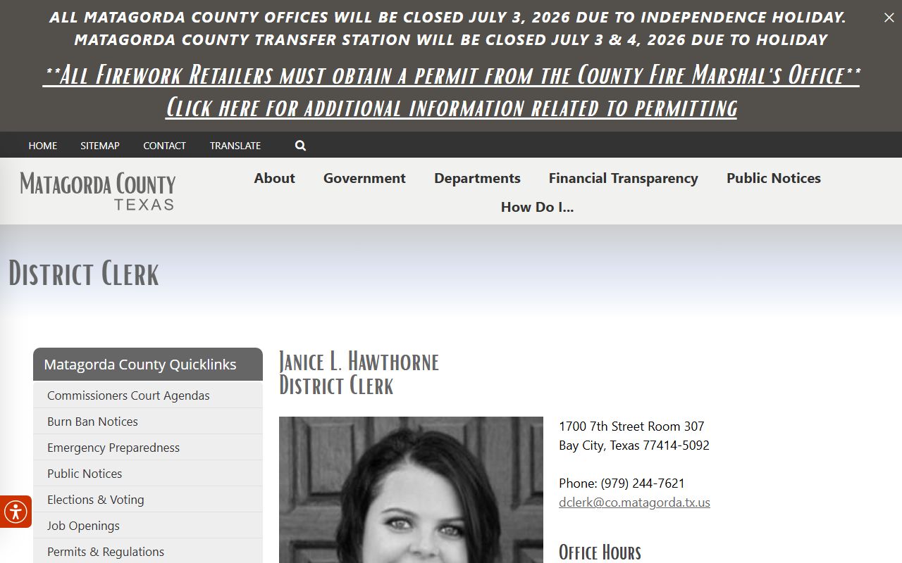 Matagorda County District Clerk court records contact page