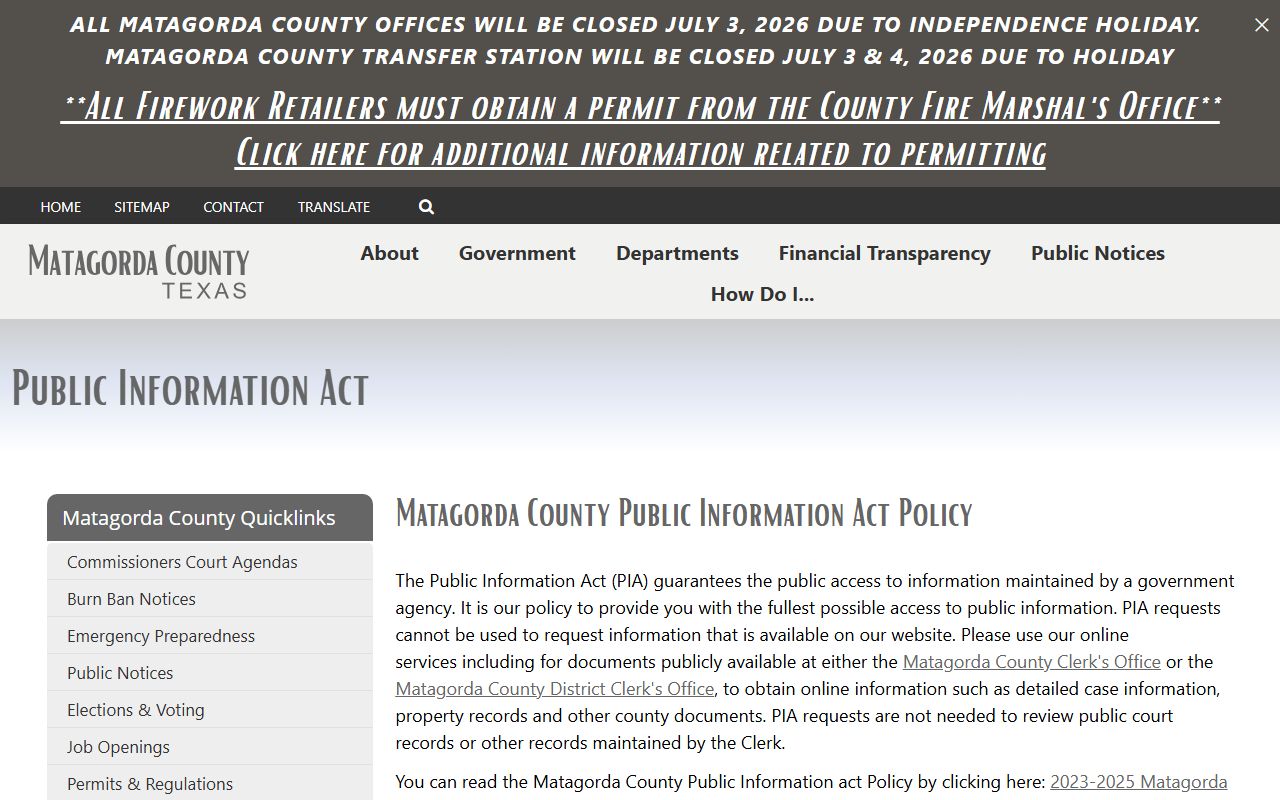 Matagorda County Jail records Public Information Act request page