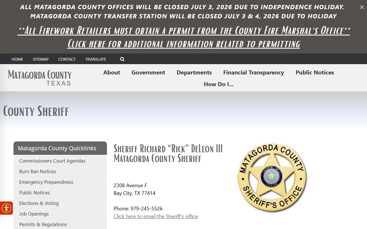 Matagorda County Jail sheriff office contact and inmate records details
